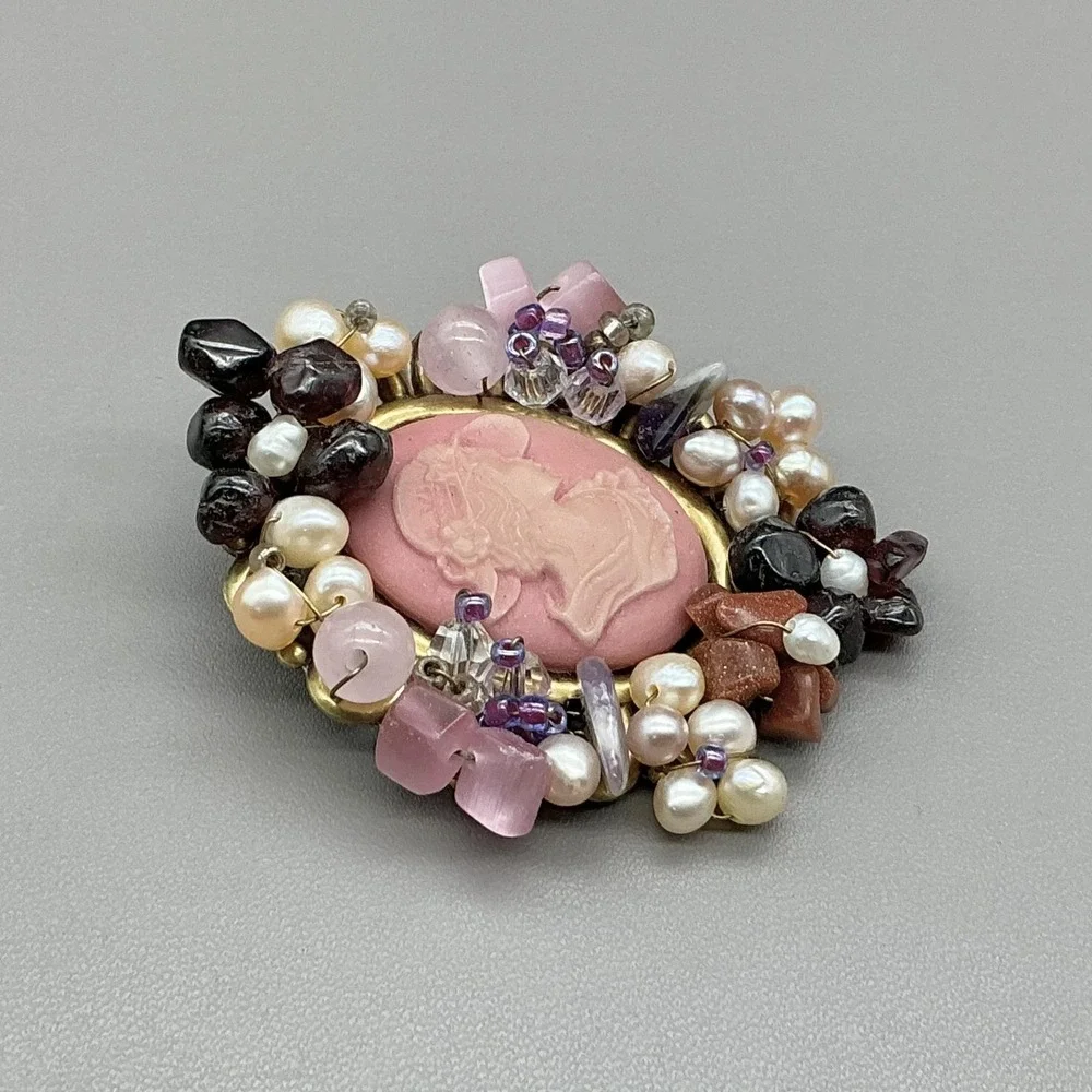Pink Cameo Brooch Pin Gold Tone Multicolor Bead Cluster Faux Pearl Jewelry